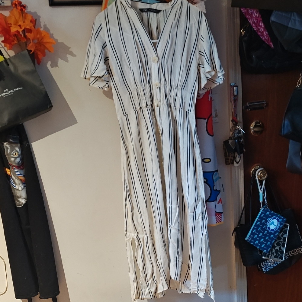 Zara Black and White Striped Midi Dress